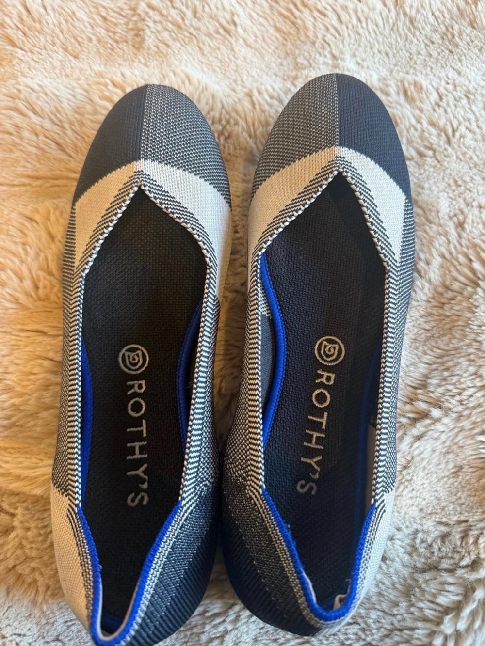 Rothy's Black & White Knit Pointed-Toe Flats with Blue Trim